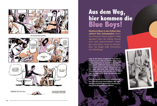 The Rolling Stones - Das Comic! Seitenansicht mit Illustrationen von Céka und Text über Rhythm & Blues.