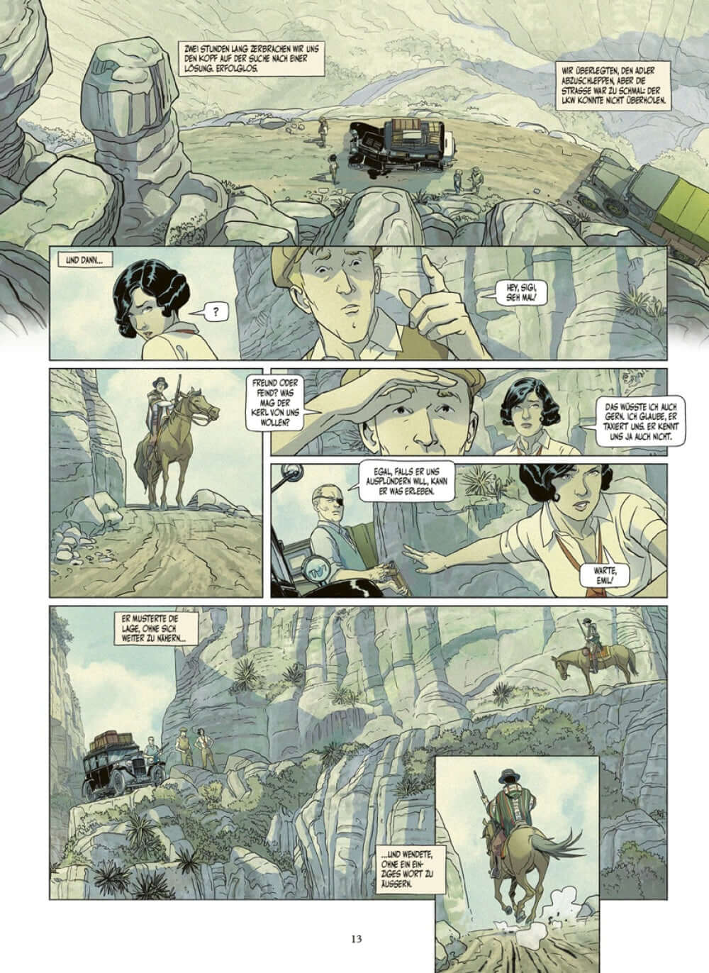 Sigi #2 - Terra Inca comic page depicting characters on horseback and a truck in a mountainous landscape.
