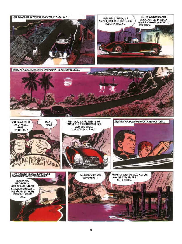 Comic page from Bob Morane Classic #7 featuring scenes with a vintage car and characters in a colorful landscape.