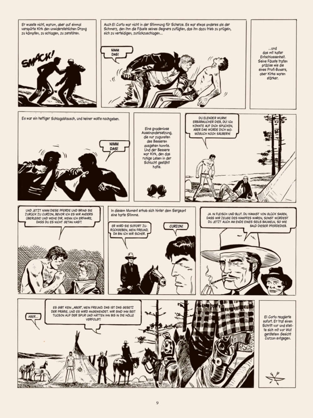 Comic-Seite aus Sgt. Kirk #2- Zweite Epoche mit Szenen im Western-Stil und Charakteren im Abenteuer-Setting.