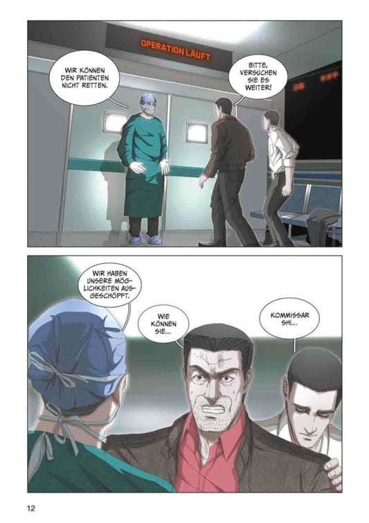 Illustration aus 3 Body Problem #06, zeigt einen dramatischen Diskussionstmoment im Operationssaal.