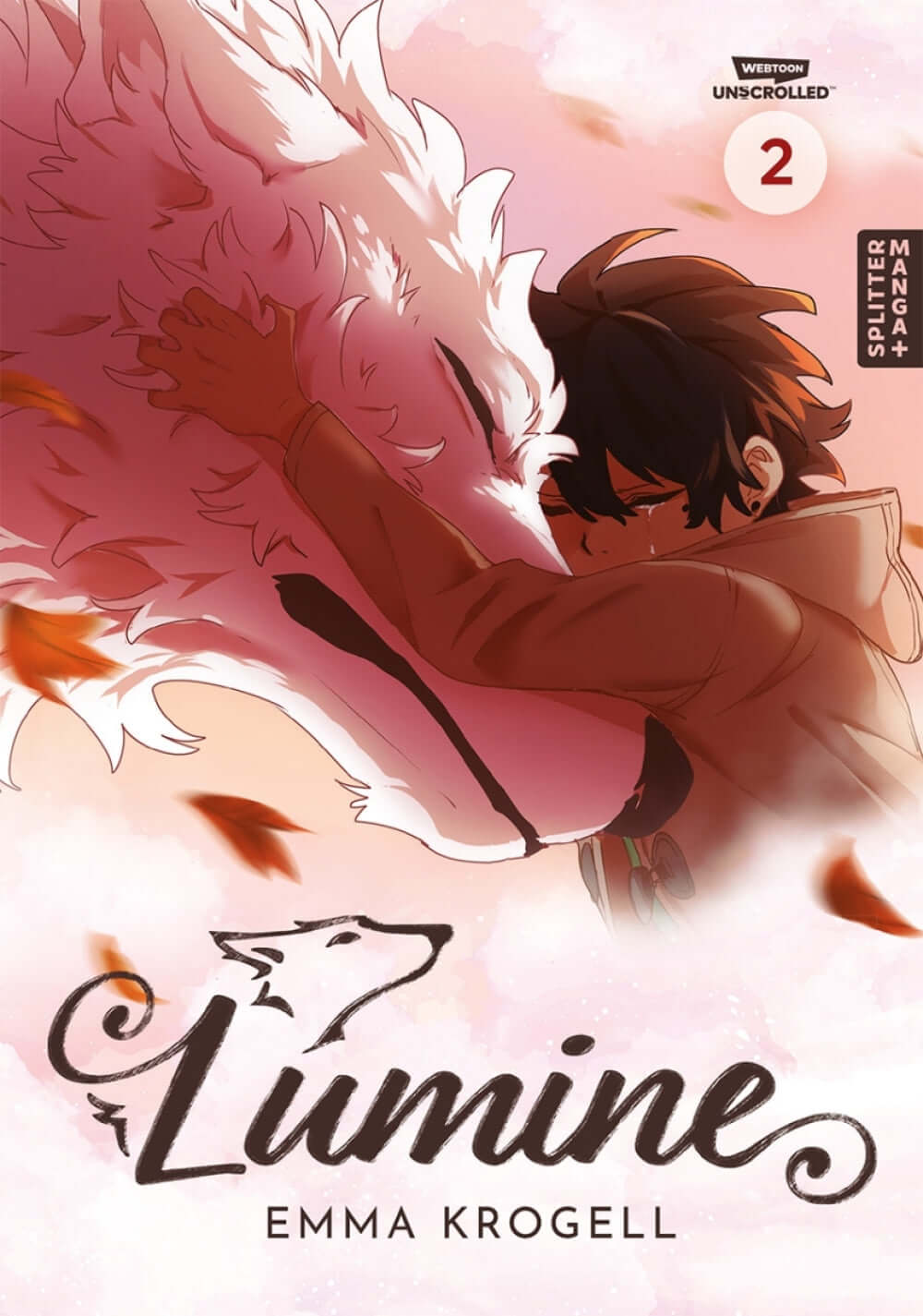 Lumine #02 book cover featuring a character embracing a magical white wolf, authored by Emma Krogell.