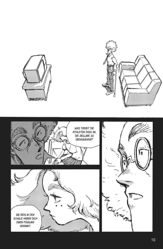 Manga panel from Run to Heaven #02 depicting a character standing by a couch, engaging with another character.