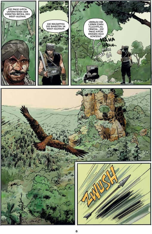 Comic panel from Elang Jawa #1 Der Pirat von Pasar Setan featuring characters in a lush forest.