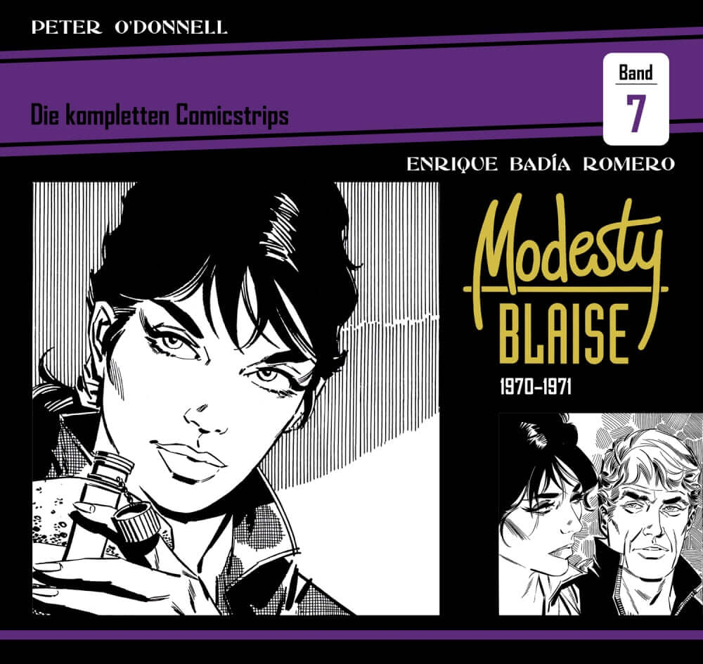 Modesty Blaise #7 Die kompletten Comicstrips - 1970 - 1971 Buchcover mit Charakterillustrationen.