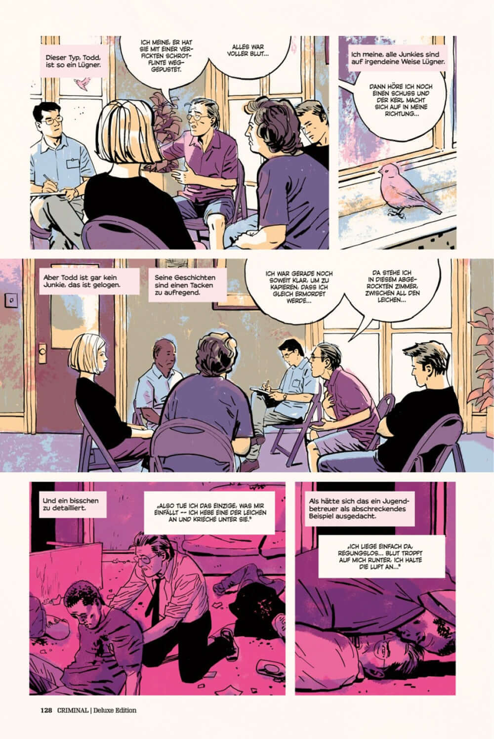 Kriminalgeschichte aus Criminal Deluxe Edition Band III mit Charakteren in dramatischen Szenen, farbiger Comicstil.
