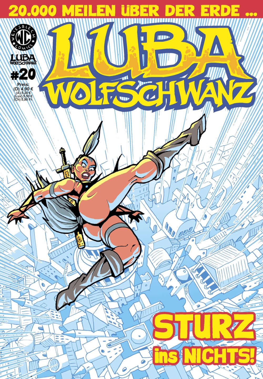 Luba Wolfschwanz#20 -Sturz ins Nichts! Comic Cover mit einer Figur, die durch die Luft springt, spannende Action-Szene.