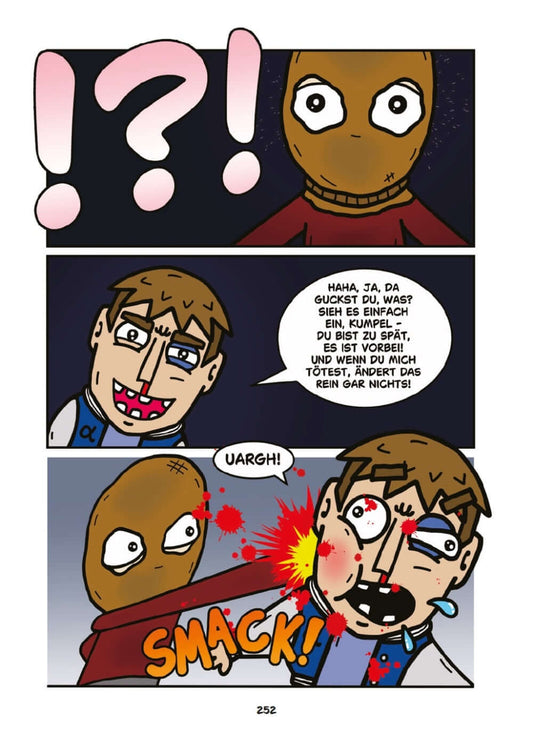 Comic-Panel mit einem maskierten Charakter und einer humorvollen Konfrontation aus dem Hokum Horror Comic.