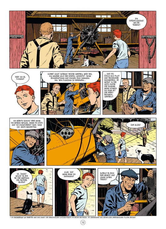 Buck Danny Comic Sonny Tuckson: Szenen aus dem Abenteuer mit Sonny und Freunden in einer Flugzeughalle.