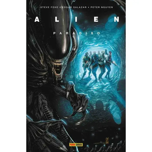 Cover art for Alien: Paradiso comic featuring an alien and characters exploring a mysterious realm.