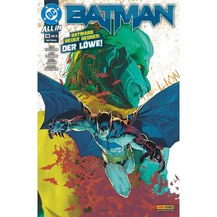 Batman #110 Comic Cover featuring Batman facing the new enemy Der Löwe in a chaotic Gotham scenario.