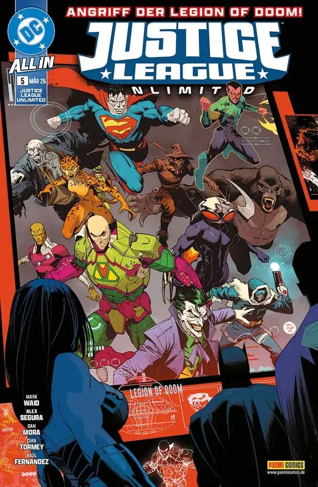 Justice League Unlimited #5 comic cover featuring superheroes and the Legion of Doom, illustrated by Mark Waid and Dan Mora.