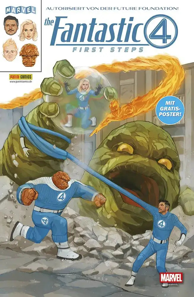 Fantastic Four - First Steps comic cover featuring superheroes in action with colorful illustrations.