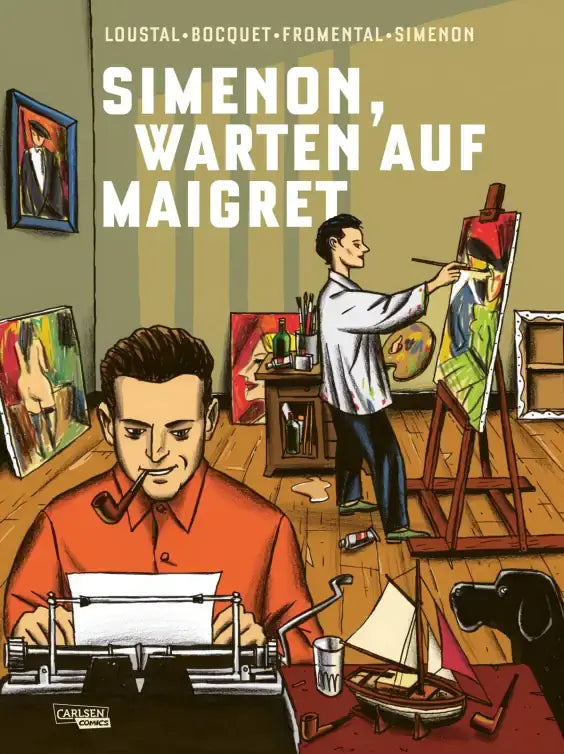 Simenon, Warten auf Maigret graphic novel cover featuring an artist painting in a vibrant studio.