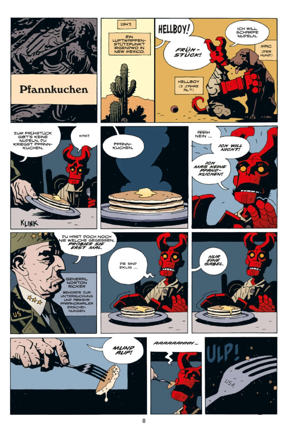 Hellboy Kompendium 2 (Neuauflage) comic panel featuring Hellboy and pancakes, illustrated by Mike Mignola.