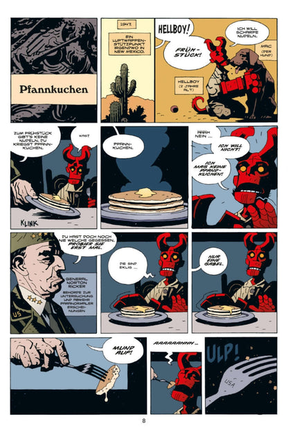 Hellboy Kompendium 2 (Neuauflage) comic panel featuring Hellboy and pancakes, illustrated by Mike Mignola.