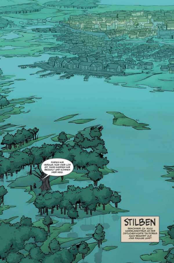 Illustration of Stilben landscape, showcasing a vibrant town near a serene body of water in Critical Role setting.