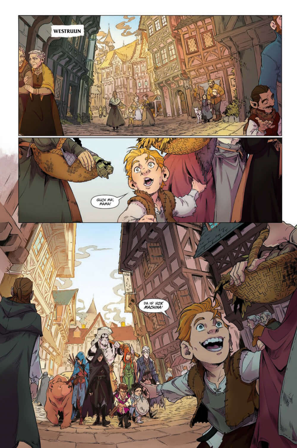 Illustration from Critical Role 3 (Neuauflage) Vox Machina Origins showing kids and townsfolk in Wistruun.