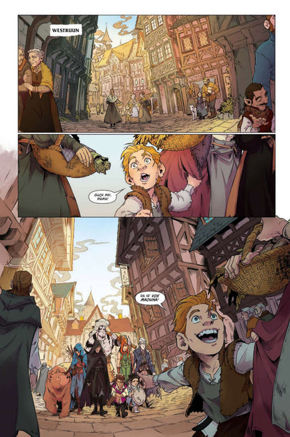 Illustration from Critical Role 3 (Neuauflage) Vox Machina Origins showing kids and townsfolk in Wistruun.