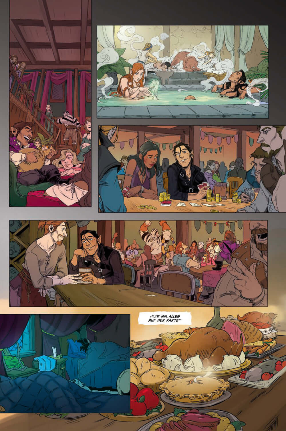 Critical Role 3 (Neuauflage) Vox Machina Origins comic page with characters enjoying food and leisure in a vibrant tavern setting.