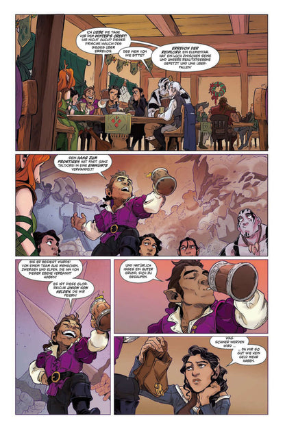Panel from Critical Role 3 (Neuauflage) Vox Machina Origins showing characters at a tavern with a bard singing.