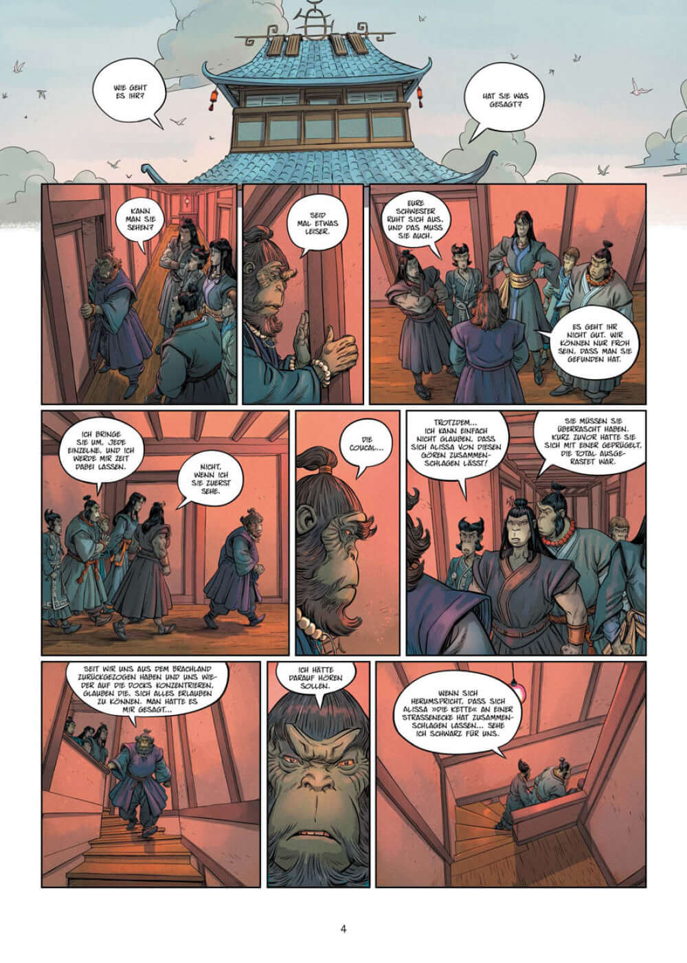 Die 5 Reiche #8 - Toter als tot Comic Seite mit Charakteren in einer Intrige, die Machtspiele und Verrat zeigt.