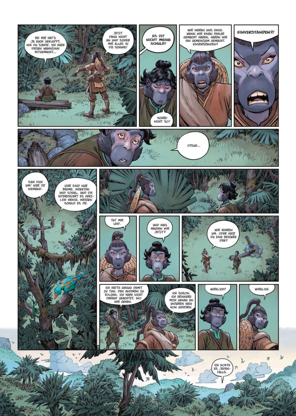 Die 5 Reiche #8 - Toter als tot Comicseite mit Charakteren in einer dichten Waldlandschaft, die Intrigen und Machtspiele ausspielen.