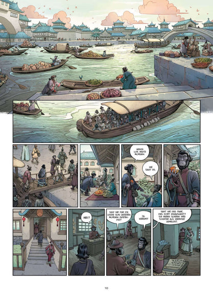 Die 5 Reiche #8 - Toter als tot Comic-Seite mit Charakteren in einer geschäftigen Hafenstadt.