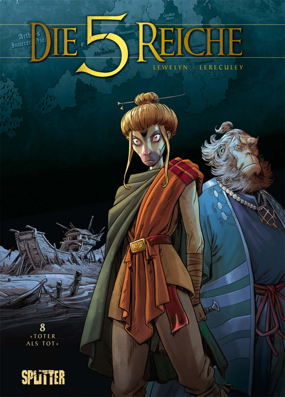 Die 5 Reiche #8 - Toter als tot Buchcover mit Charakteren in einer fantastischen Szenerie.