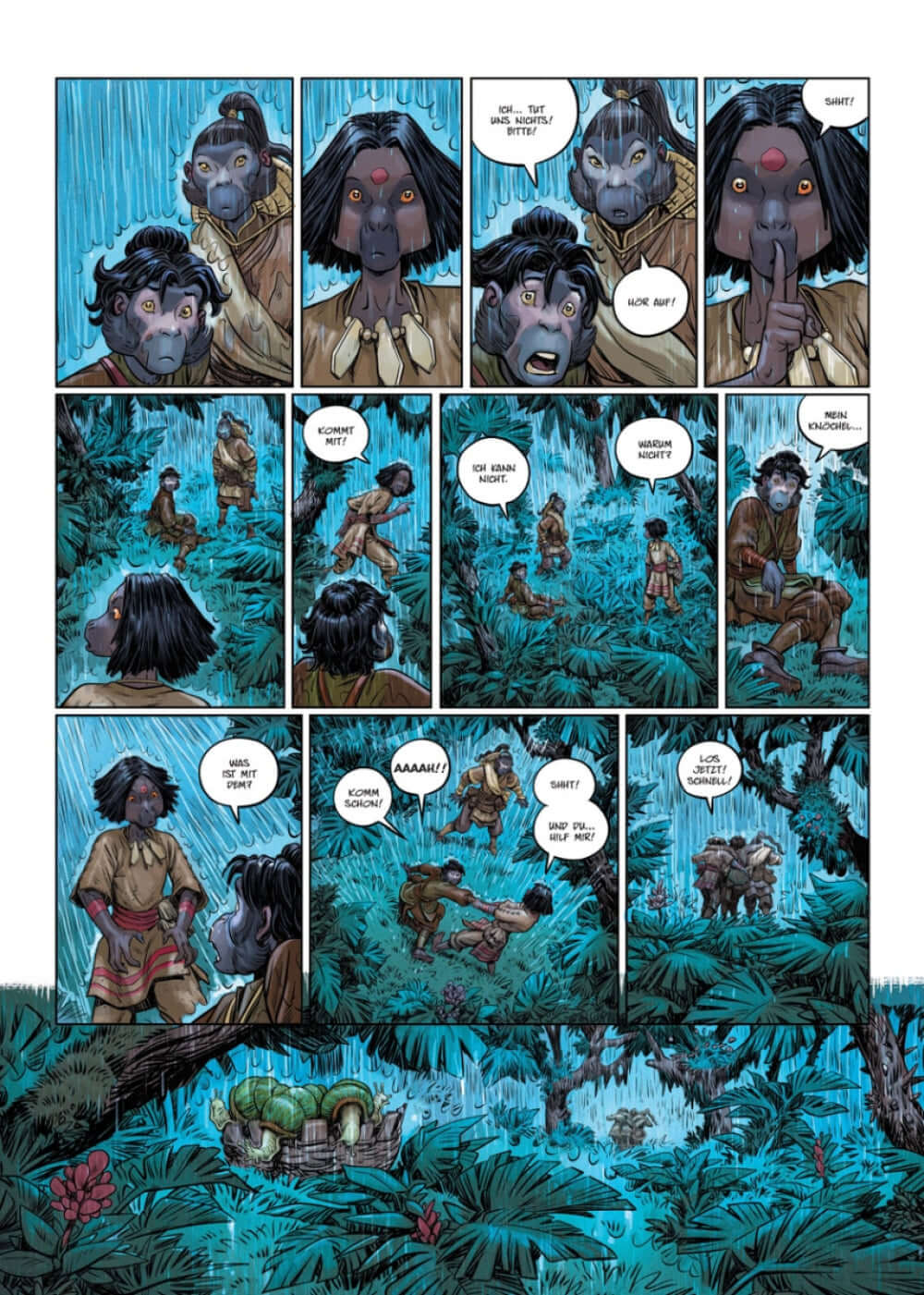 Comic page from Die 5 Reiche #9 - Dein inneres Lachen featuring characters in an intense jungle scene.