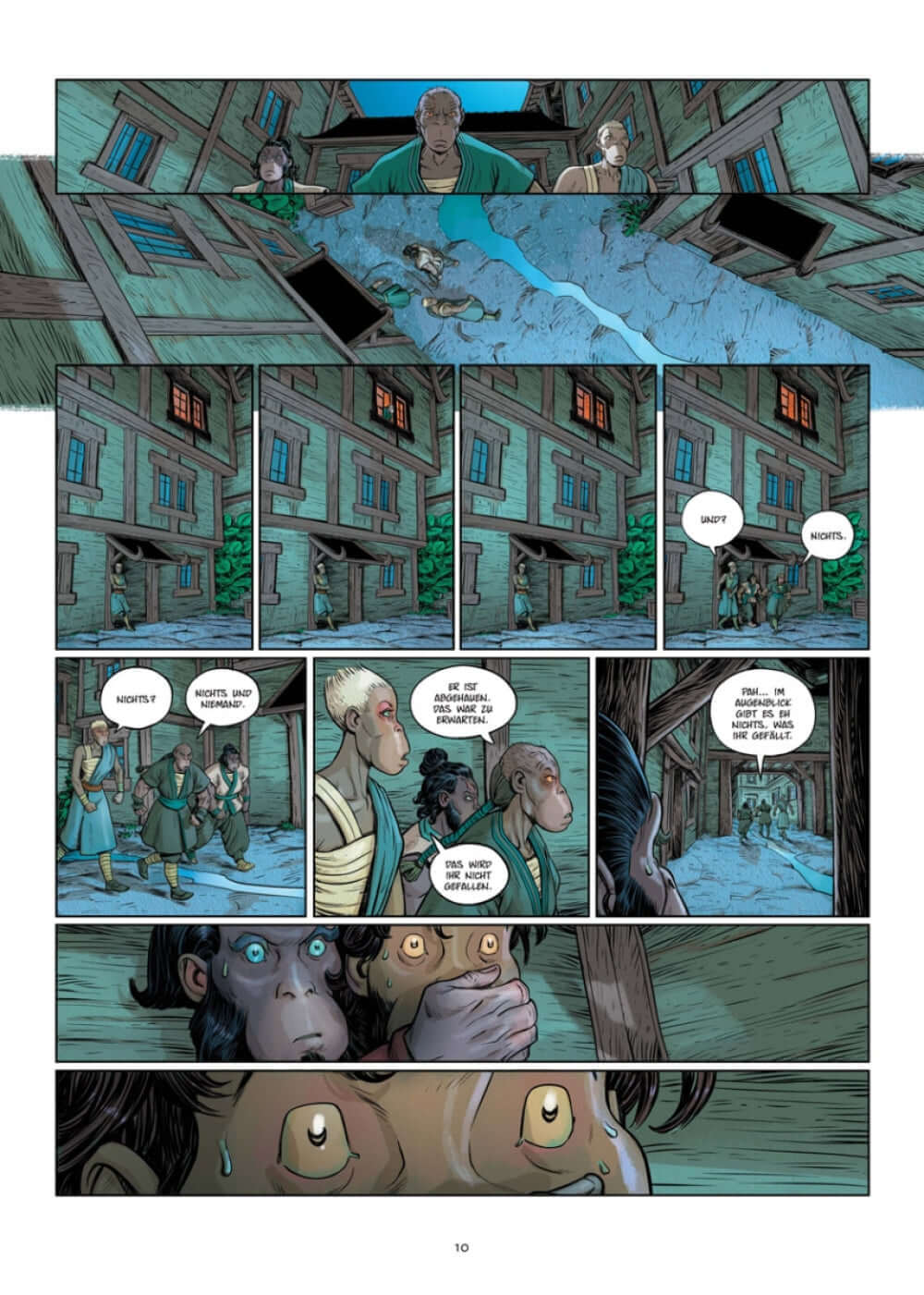 Die 5 Reiche #9 - Dein inneres Lachen Comicseite mit Fantasiewesen und Intrigen in dramatischer Szene