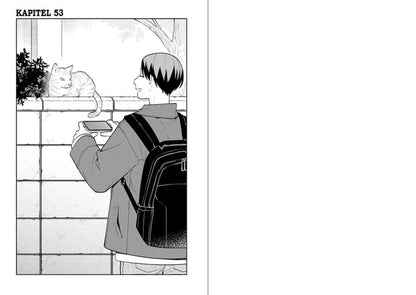 Voll kein Typ #09 Manga Kapitel 53, Junge mit Rucksack betrachtet Katze auf Mauer.