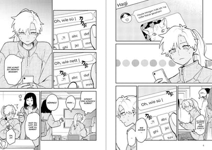 Voll kein Typ #09 Manga-Inhalt mit Charakteren, die Nachrichten senden und interagieren, in Schwarz-Weiß-Illustrationen.