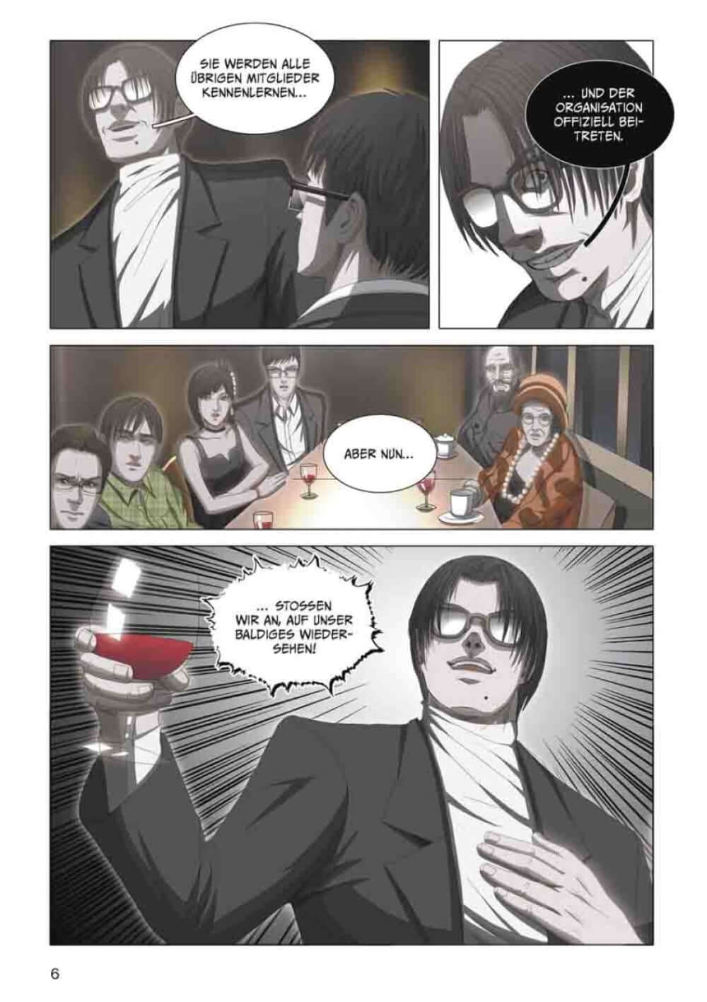 3 Body Problem #06, Szene aus dem Manhua mit Charakteren in einem festlichen Setting und philosophischem Dialog.