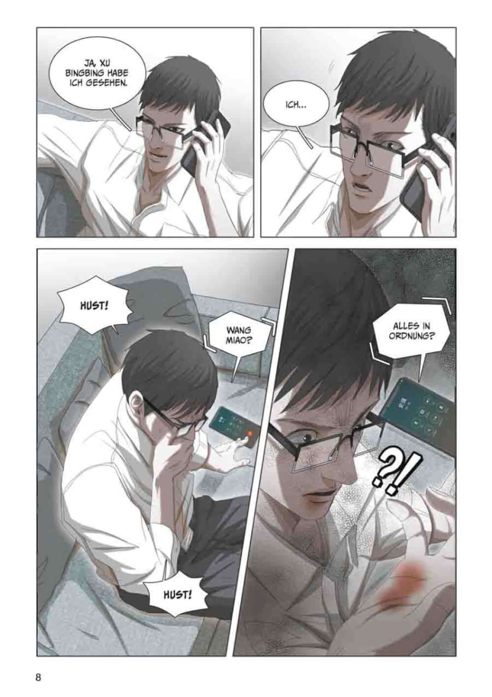Image aus 3 Body Problem #06, in dem der Protagonist telefoniert und besorgt wirkt.