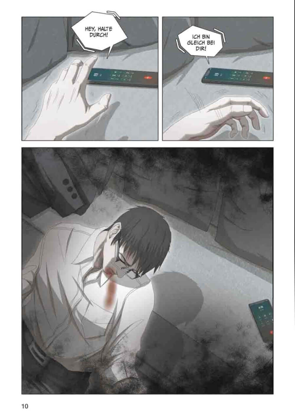 3 Body Problem #06 comic panel depicting a character reaching for a phone with a dramatic expression.