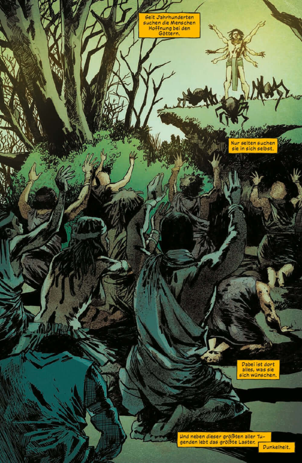 Killadelphia #5 - Zuhause ist es am schönsten, düstere Comic-Szene mit Menschen, die einer mysteriösen Figur zu Füßen liegen.