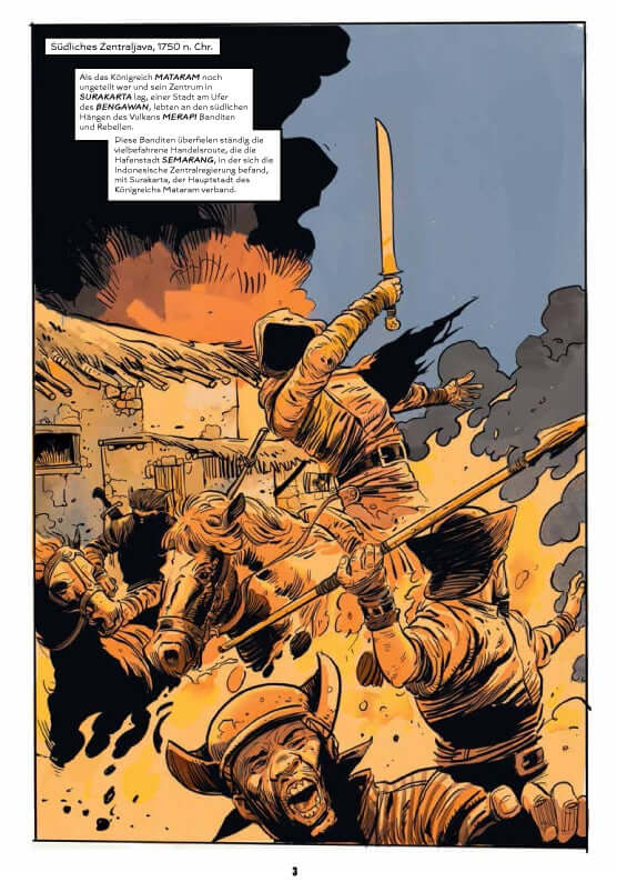 Elang Jawa #1 Der Pirat von Pasar Setan Illustration mit Kämpfern in der Schlacht, dramatische Szenen und historische Elemente.