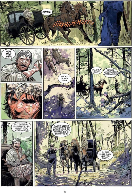 Elang Jawa #1 Der Pirat von Pasar Setan Comic-Seitenansicht mit Charakteren im Wald.