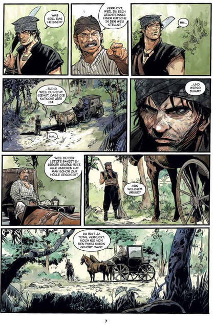 Panel aus Elang Jawa #1 Der Pirat von Pasar Setan, zeigt Charaktere im Wald mit einem Pferdewagen.
