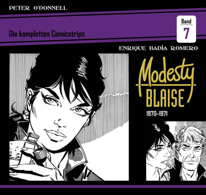 Modesty Blaise #7 Die kompletten Comicstrips - 1970 - 1971 Buchcover mit Charakterillustrationen.