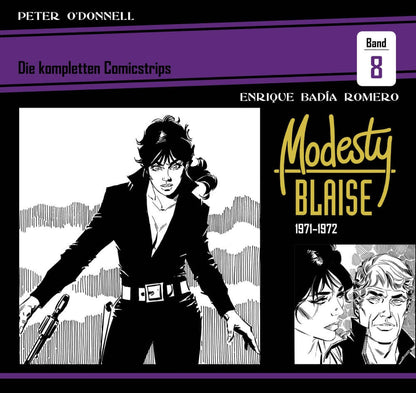 Modesty Blaise #8 - Die kompletten Comicstrips - 1971 - 1972 Cover mit charakteristischer Grafiken und Titel.