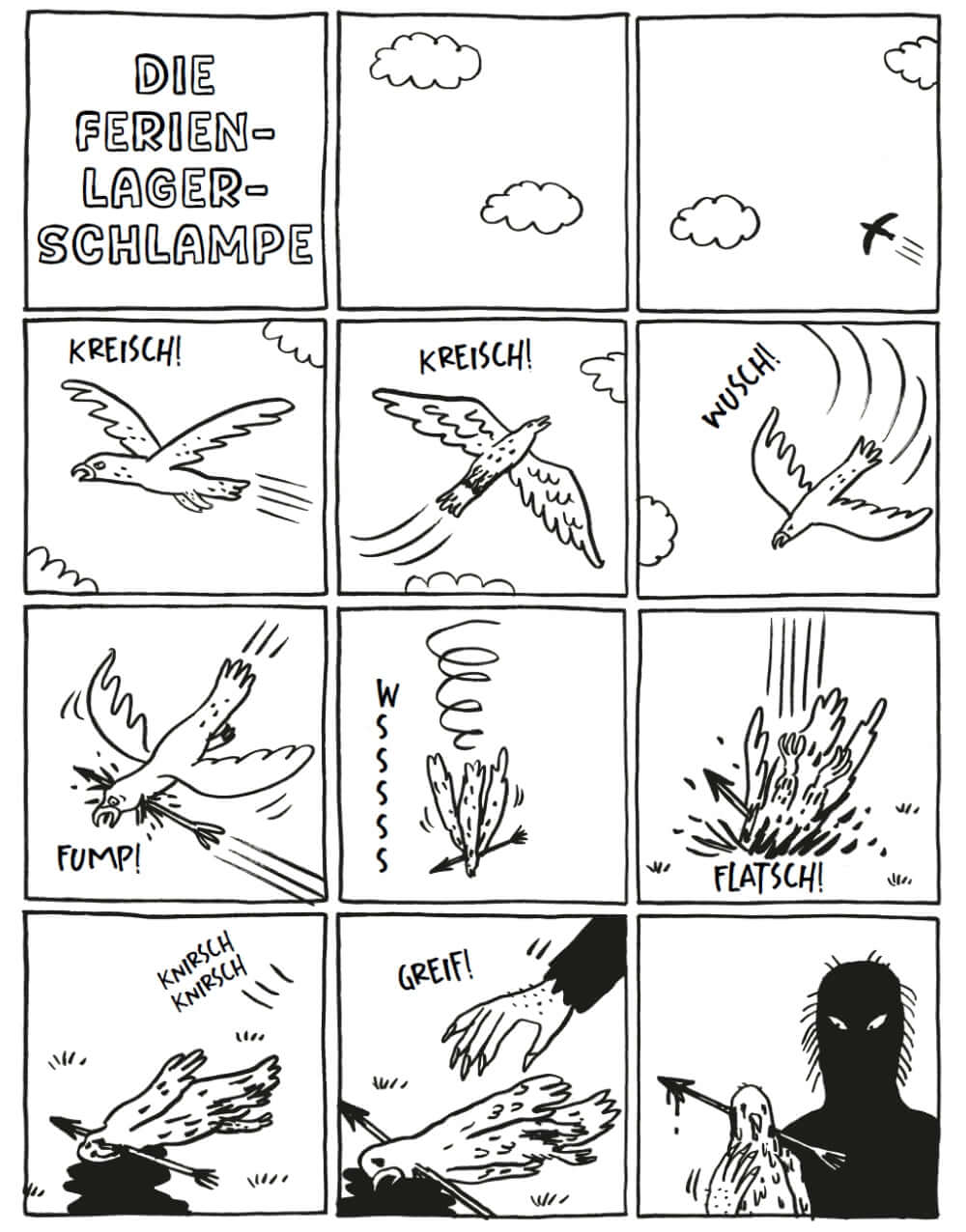 Die Ferienlagerschlampe comic panels depicting humorous and dark scenes with birds and unexpected events.