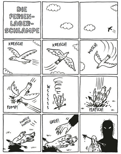 Die Ferienlagerschlampe comic panels depicting humorous and dark scenes with birds and unexpected events.