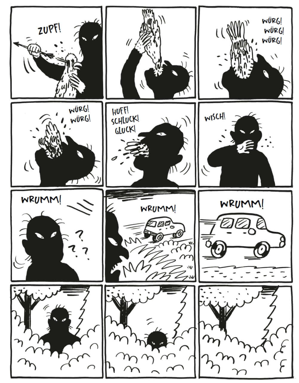 Comic strip panel from Die Ferienlagerschlampe depicting dark humor with exaggerated expressions and actions.