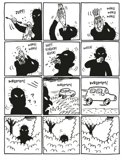 Comic strip panel from Die Ferienlagerschlampe depicting dark humor with exaggerated expressions and actions.