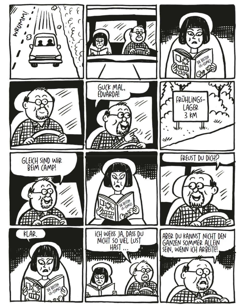 Comic panel depicting conversation about going to Frühlingslager with humorous characters.