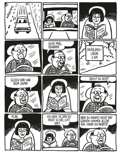 Comic panel depicting conversation about going to Frühlingslager with humorous characters.