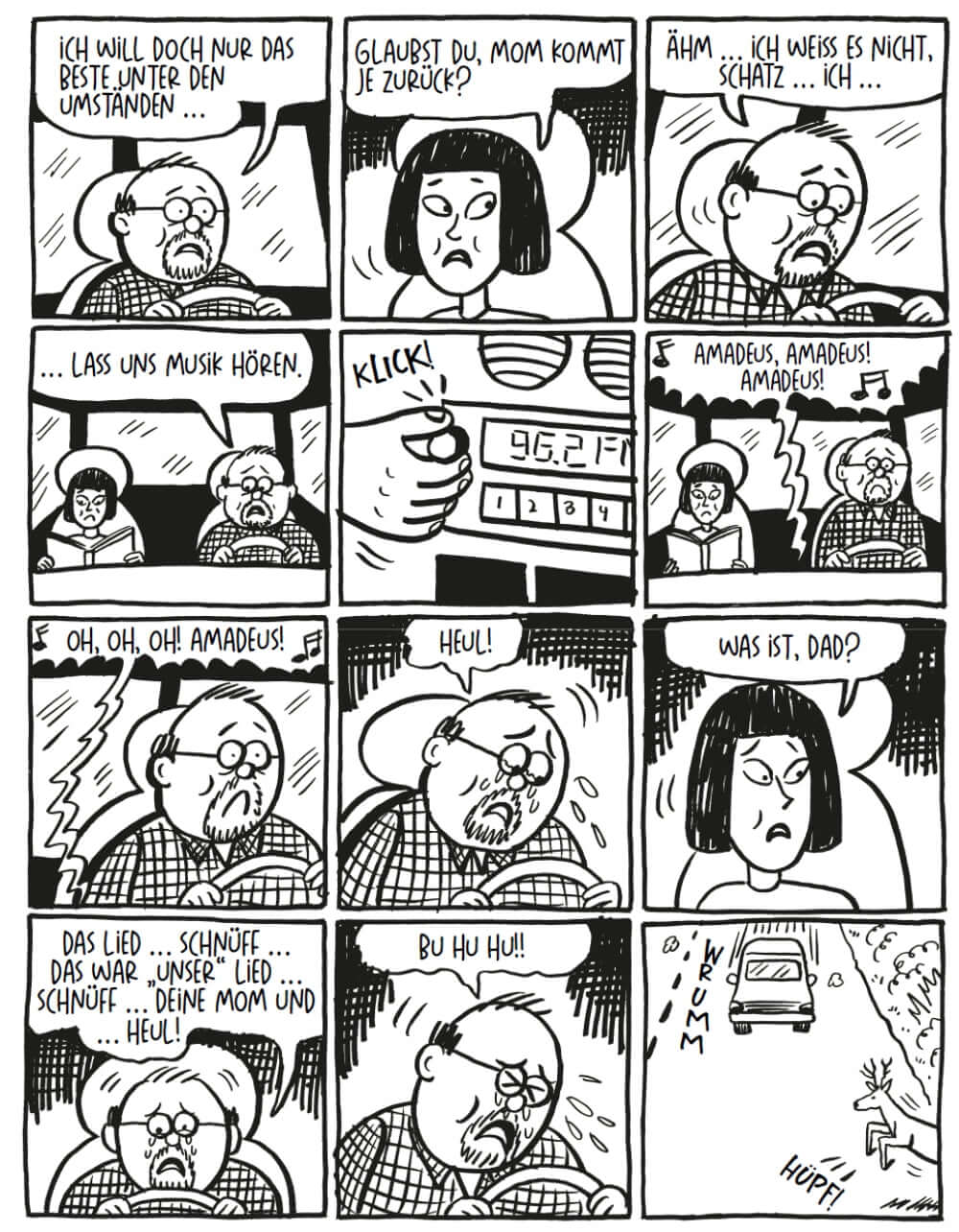 Comic strip depicting humorous dialogue about music and family dynamics with characters expressing emotions.