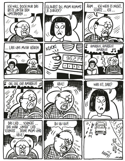 Comic strip depicting humorous dialogue about music and family dynamics with characters expressing emotions.